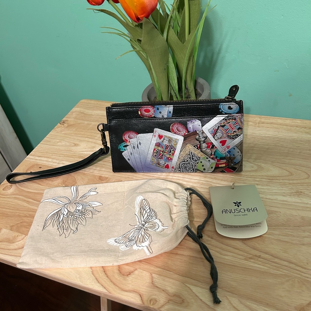 Anuschka Black Clutch with Colorful Card Design